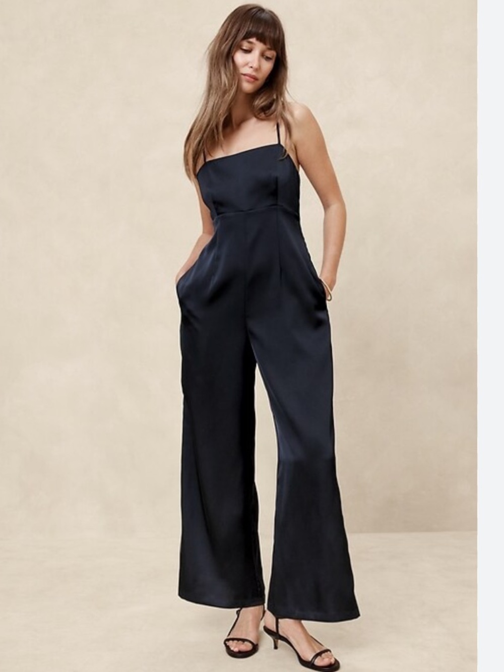 NWT Banana Republic Navy Blue Satin Wide Leg Jumpsuit Women's Size 16
